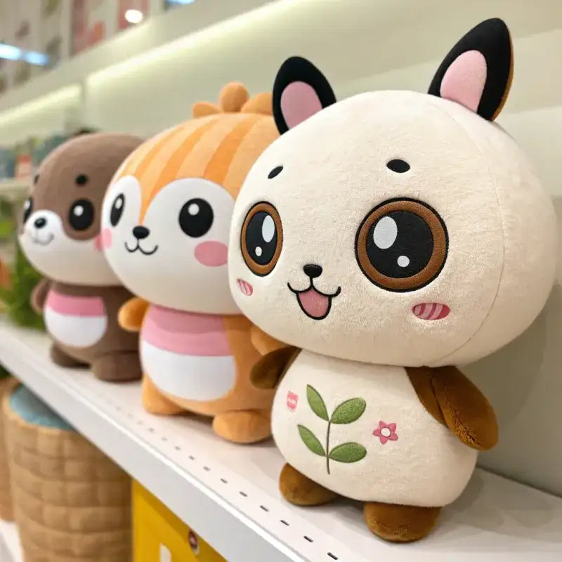 Cream-colored plush toy with black ears and a green leaf design on its chest, displayed in a store setting.