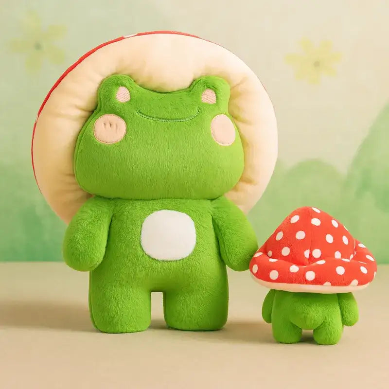 Green frog plush toy with red polka dot mushroom hat and matching small plush mushroom, soft material.
