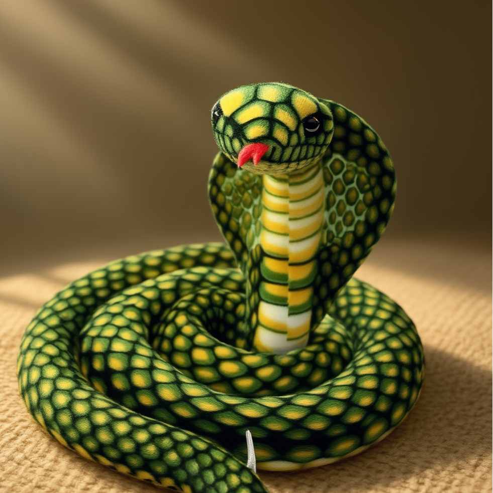 A green and yellow cobra snake plush toy with a red tongue.