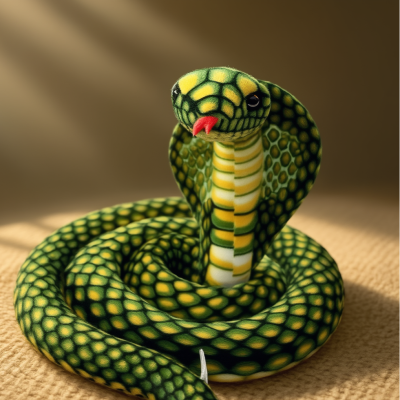 A green and yellow cobra snake plush toy with a red tongue.