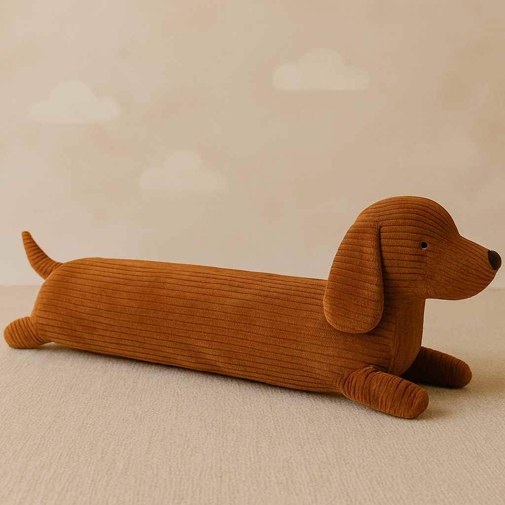 A long, plush, corduroy dachshund dog toy.