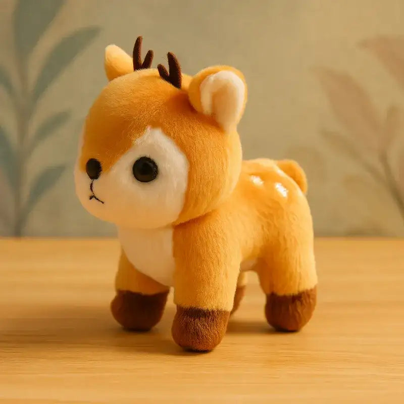 Plush deer toy with antlers, orange fur and white accents on face and belly.