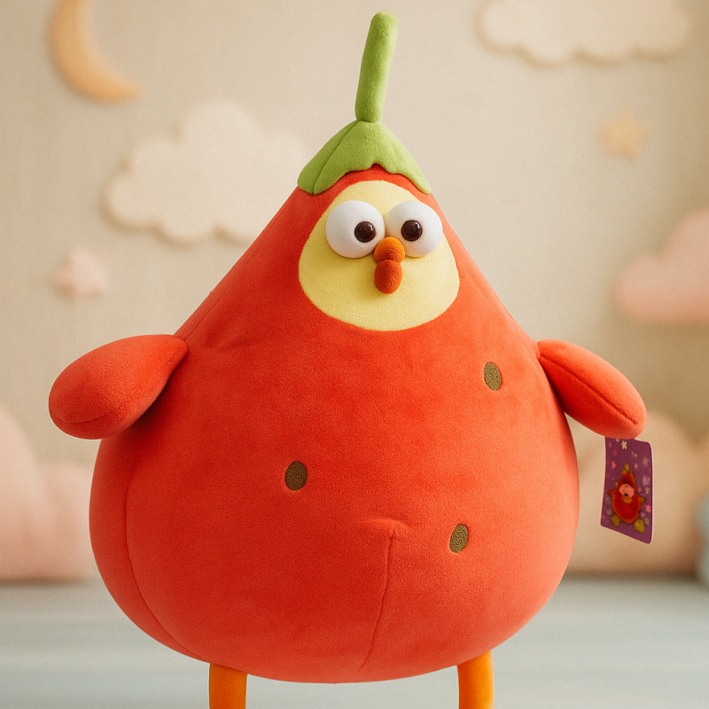 A plush red strawberry-shaped toy with a cartoon chicken face.