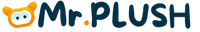 Simple logo combining a cartoon bear head icon with ’Mr.PLUSH’ text in navy blue letters.