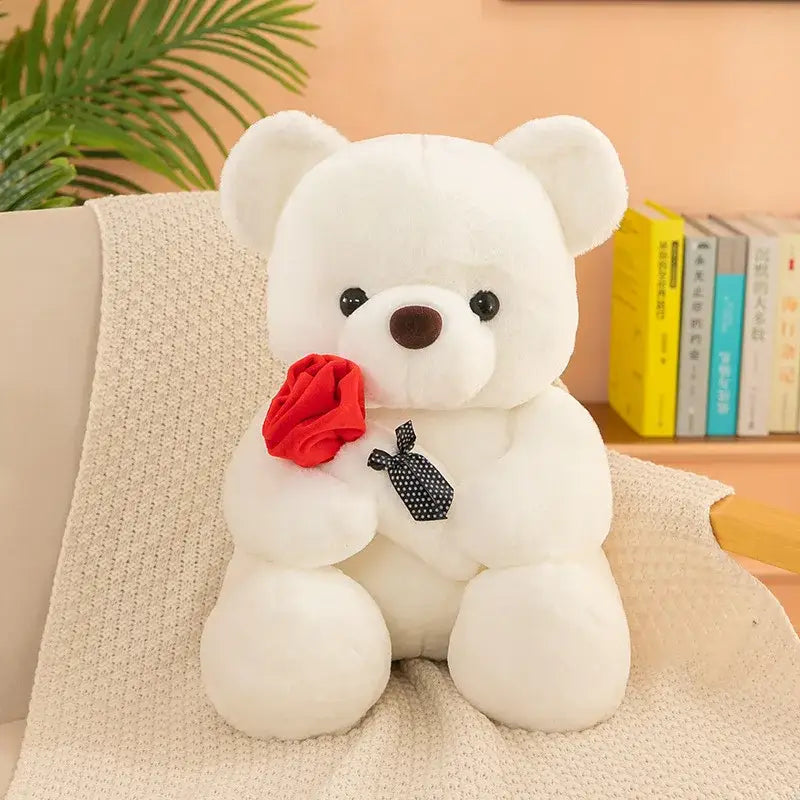 Stuffed Bear Holding a Rose - White