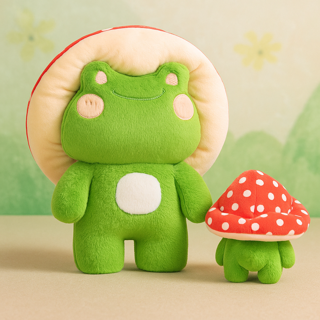 Two plush toys, one a green frog with a mushroom cap, and the other a smaller green figure with a red and white spotted mushroom cap.