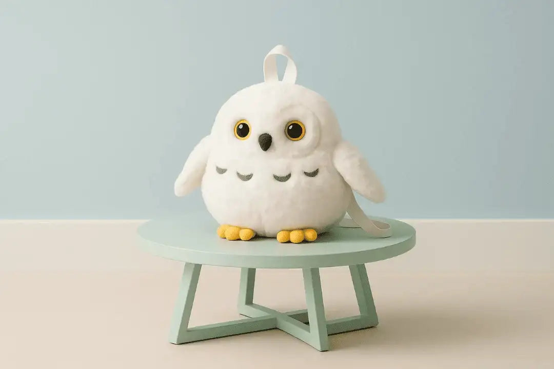 White plush owl with yellow eyes, black beak and feet, featuring a soft stuffed texture and a small loop on its head.
