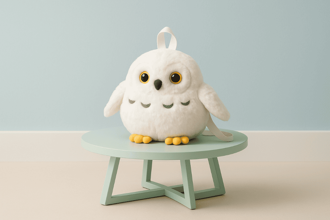 White plush owl with yellow eyes.
