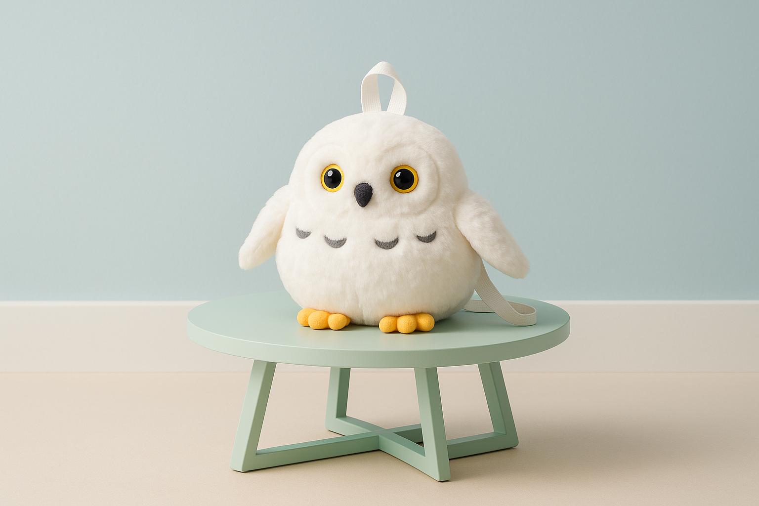 White plush owl with yellow eyes.