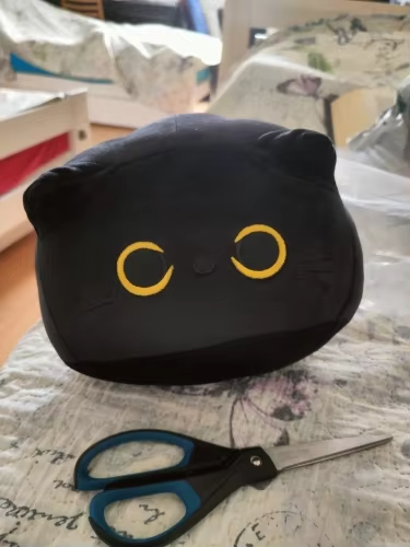 Black cat plush with yellow eyes.