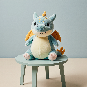 Blue plush dragon toy.