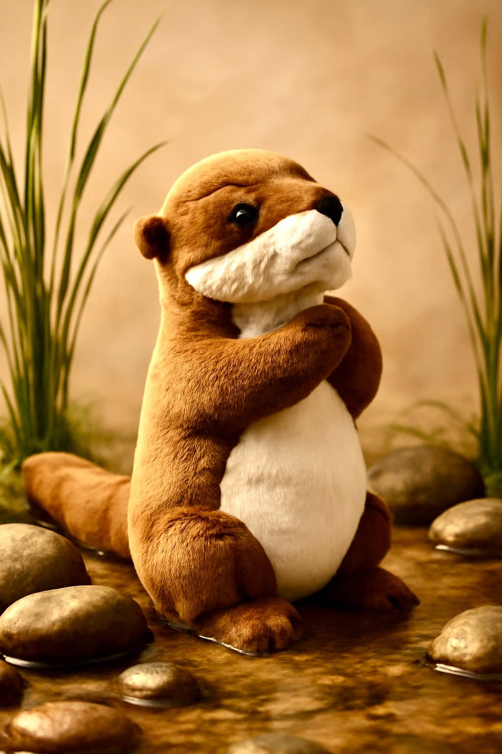 Brown and white plush otter toy.