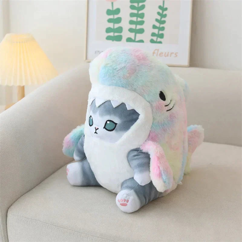 Cat In Shark Costume Plush - Grey & Rainbow / 7.8 inches