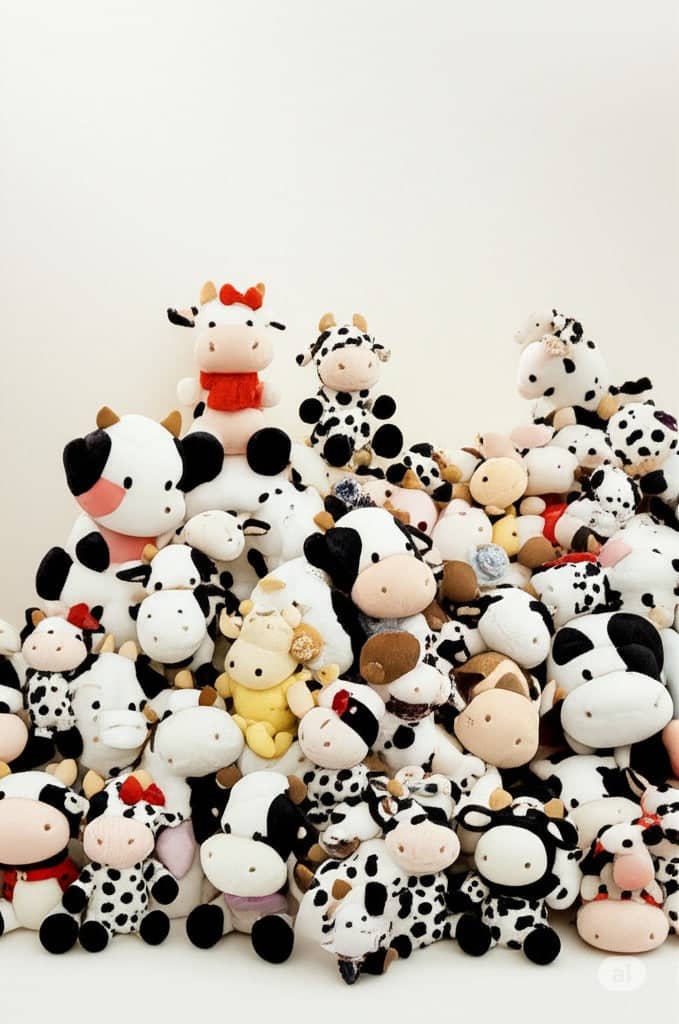A collection of various cow plush toys.
