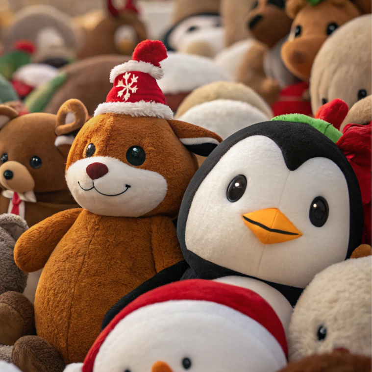A collection of plush Christmas-themed stuffed animals.