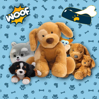 A collection of plush stuffed dog toys.