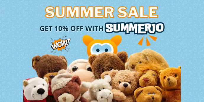 Collection of plush teddy bears with a ’Summer Sale’ promotional banner offering 10% off with code ’SUMMER10’’.