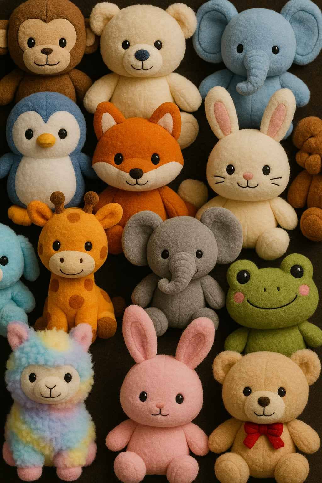 A collection of soft, plush stuffed animals in various colors and designs.