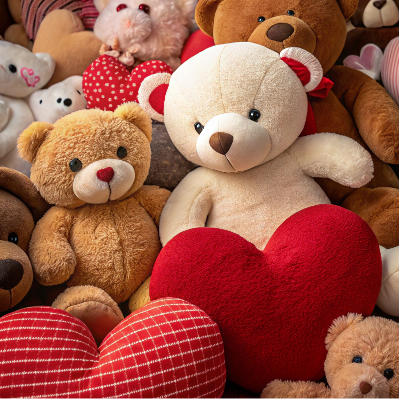 A collection of stuffed teddy bears and heart-shaped pillows.