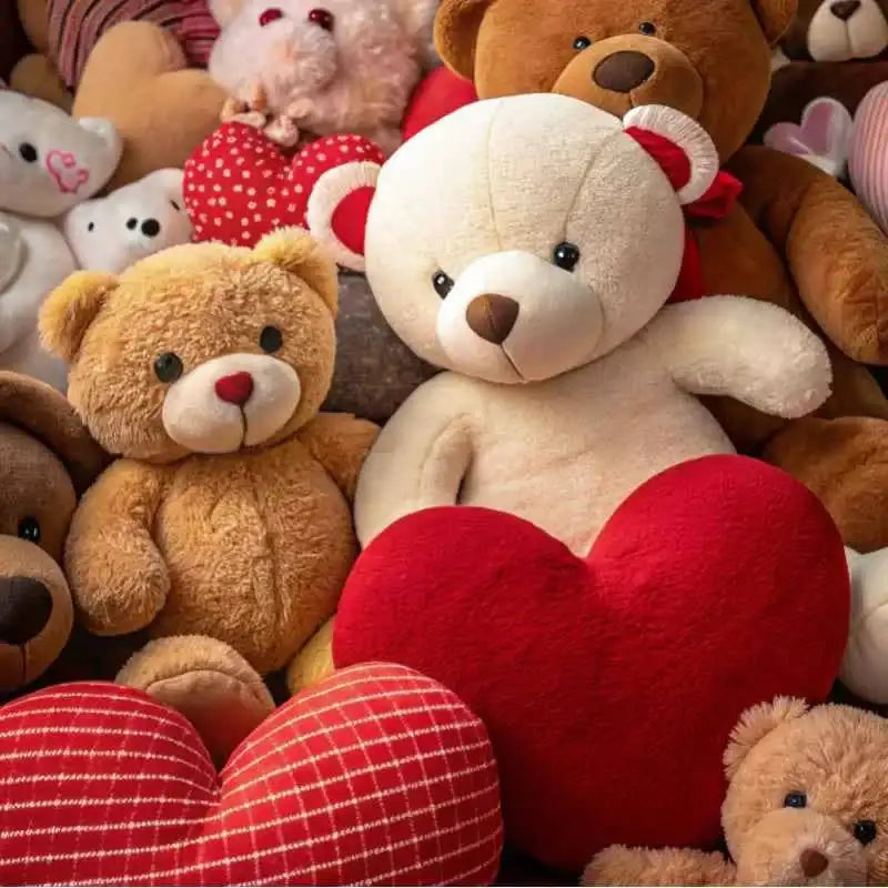 Cream-colored plush teddy bear with red bow and black button eyes.