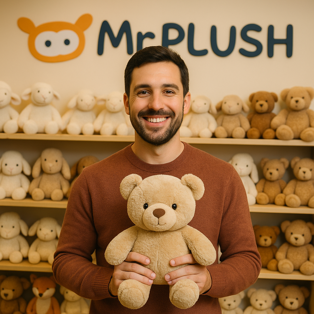 Smiling man holding a plush teddy bear.