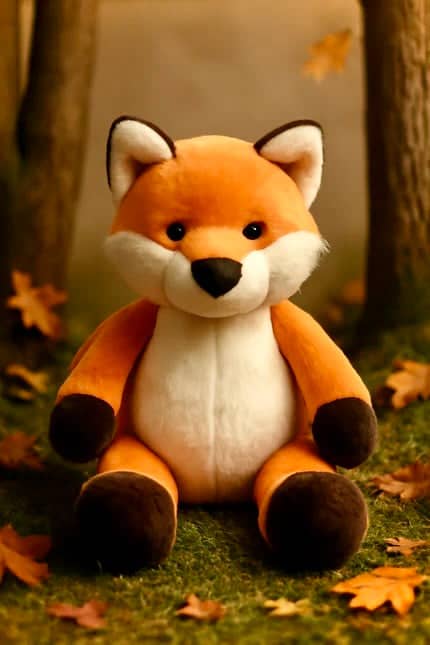 An orange and white plush fox toy with black paws and nose.