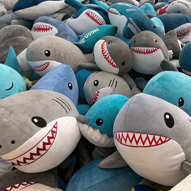 A pile of plush shark toys in various shades of blue and gray with smiling mouths and rows of white teeth.