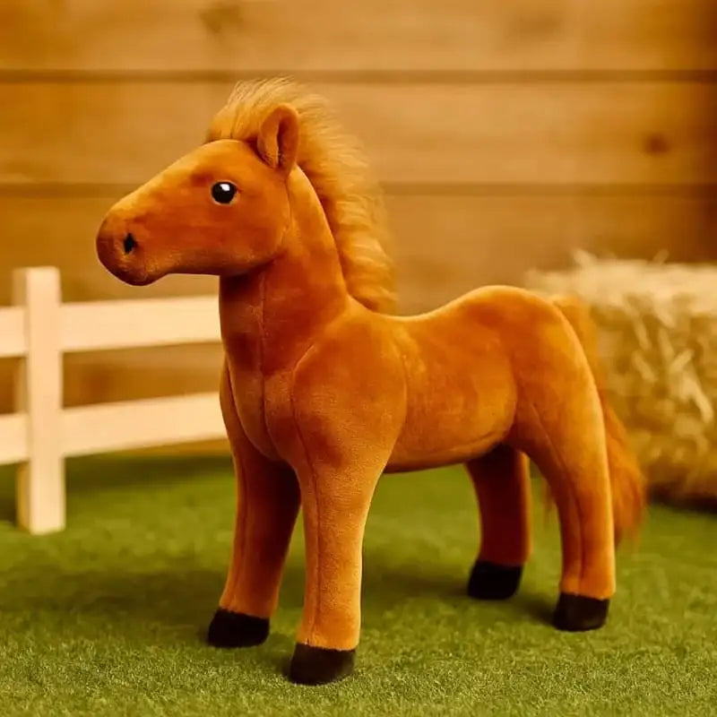 A plush brown horse toy with a soft, velvety texture and black hooves.