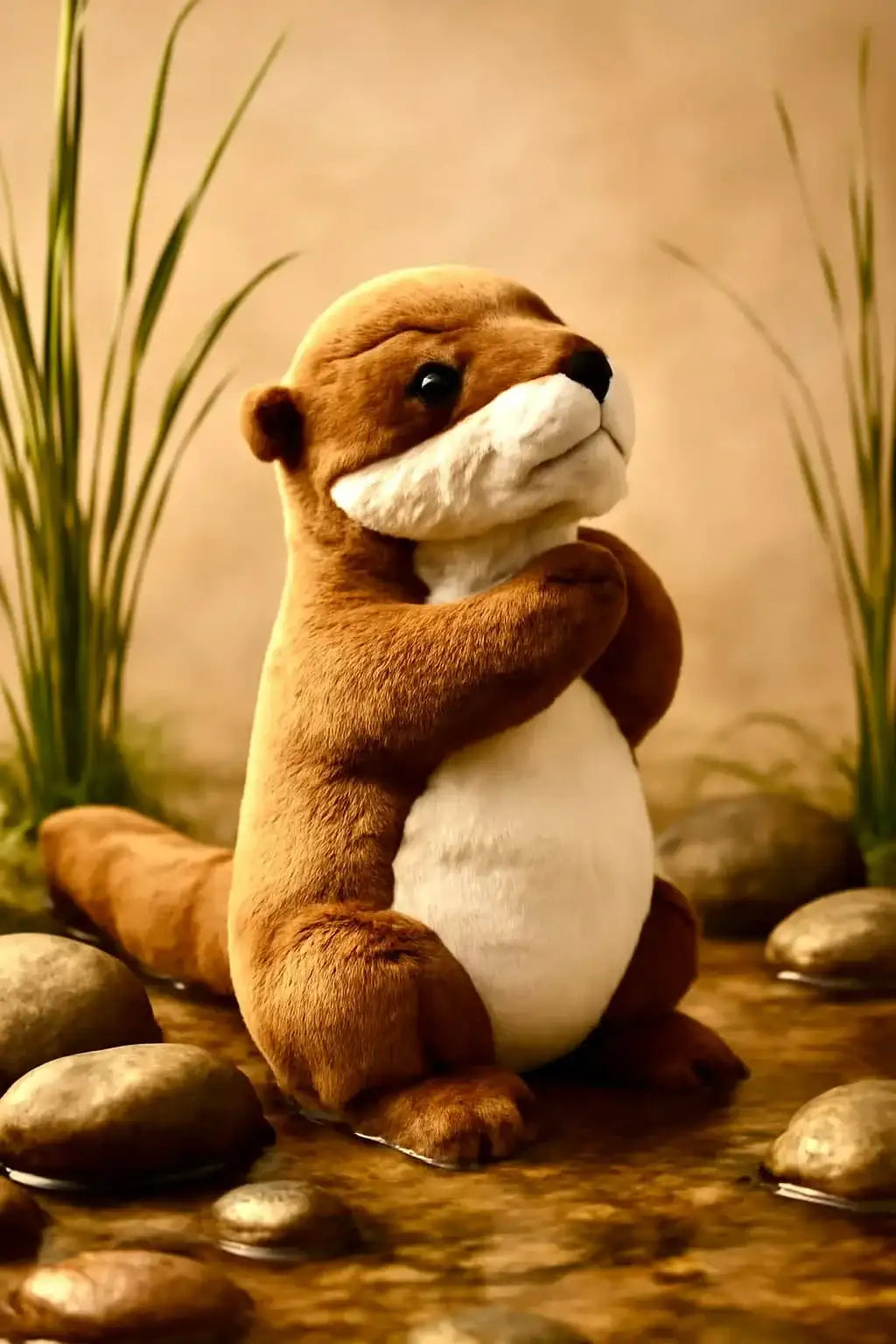 A plush brown and white otter toy with soft fur, sitting upright in a water-themed setting.