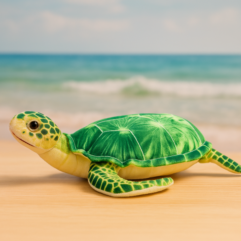 A plush green sea turtle toy with a patterned shell and flippers.