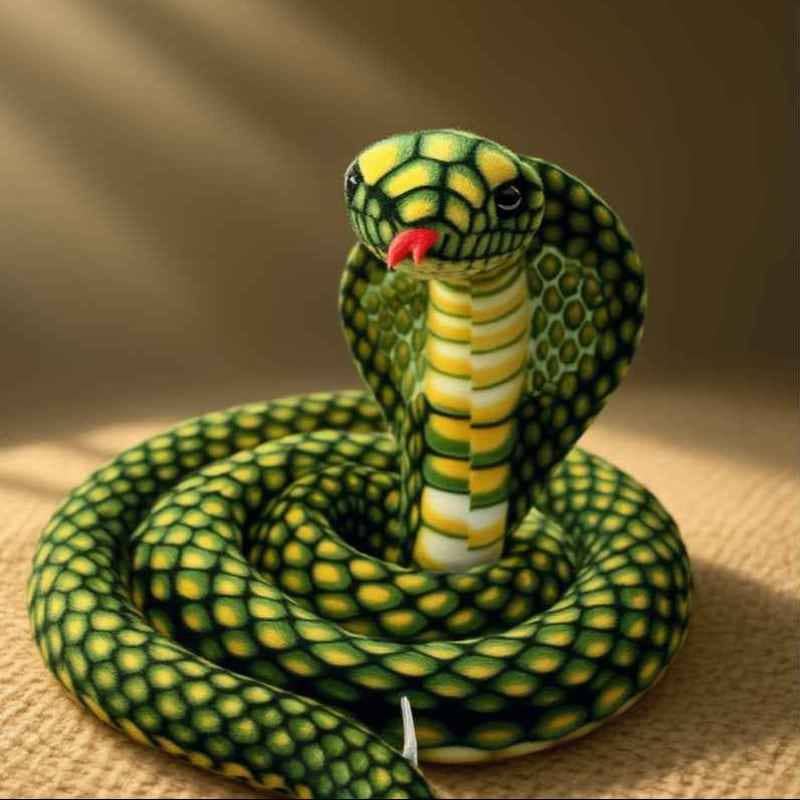 A plush green and yellow cobra with a red tongue, detailed scales, and a coiled pose.