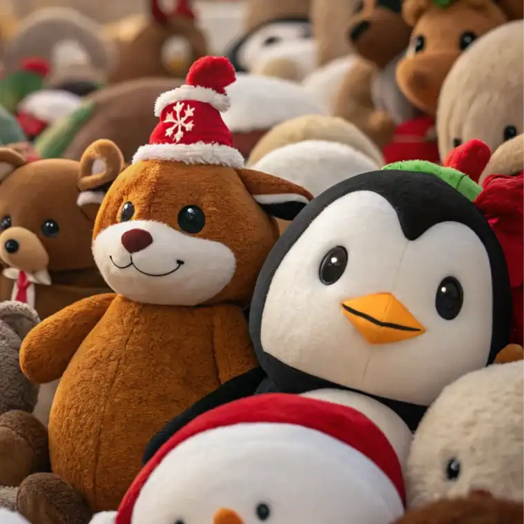 A plush penguin with black and white fur, an orange beak, and a green hat.