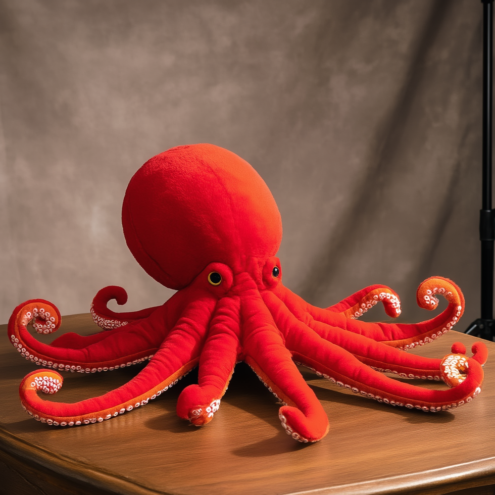 Red plush octopus with eight tentacles and suction cup details.