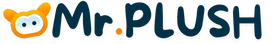 Simple logo combining a cartoon bear head icon with ’Mr.PLUSH’ text in navy blue letters.