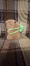 A soft, beige plush toy resembling a small animal with green ribbon tied around its neck.