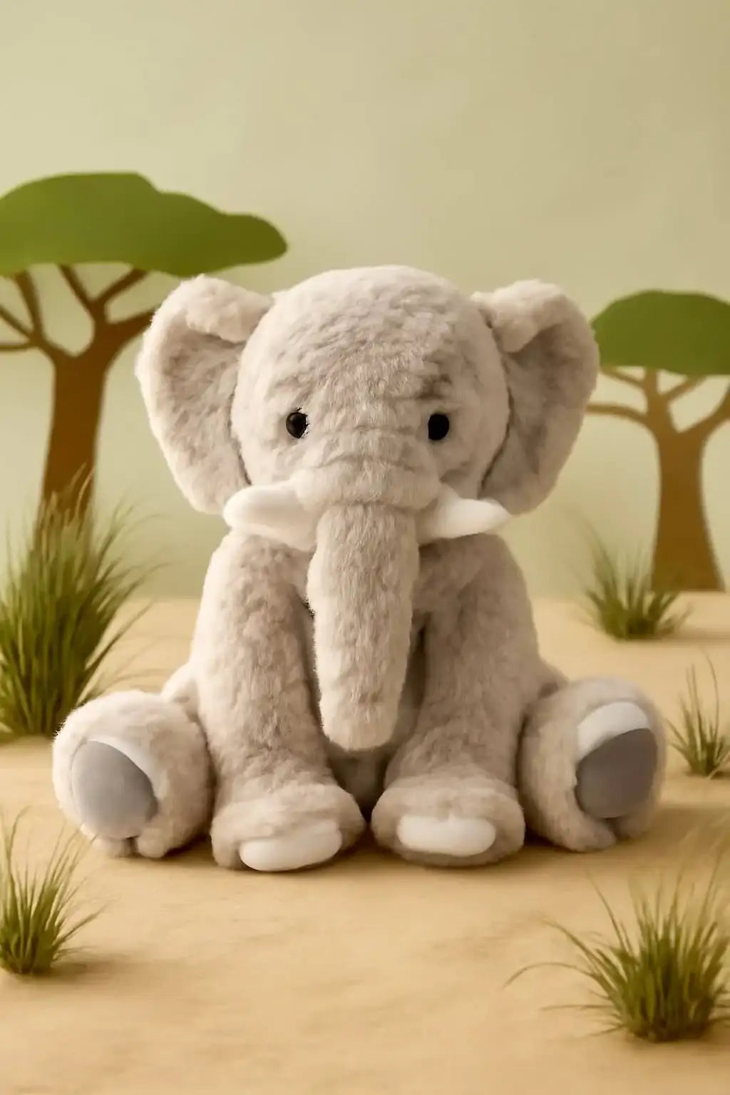 A soft, light gray plush elephant with black button eyes and white-trimmed ears, trunk, and feet.