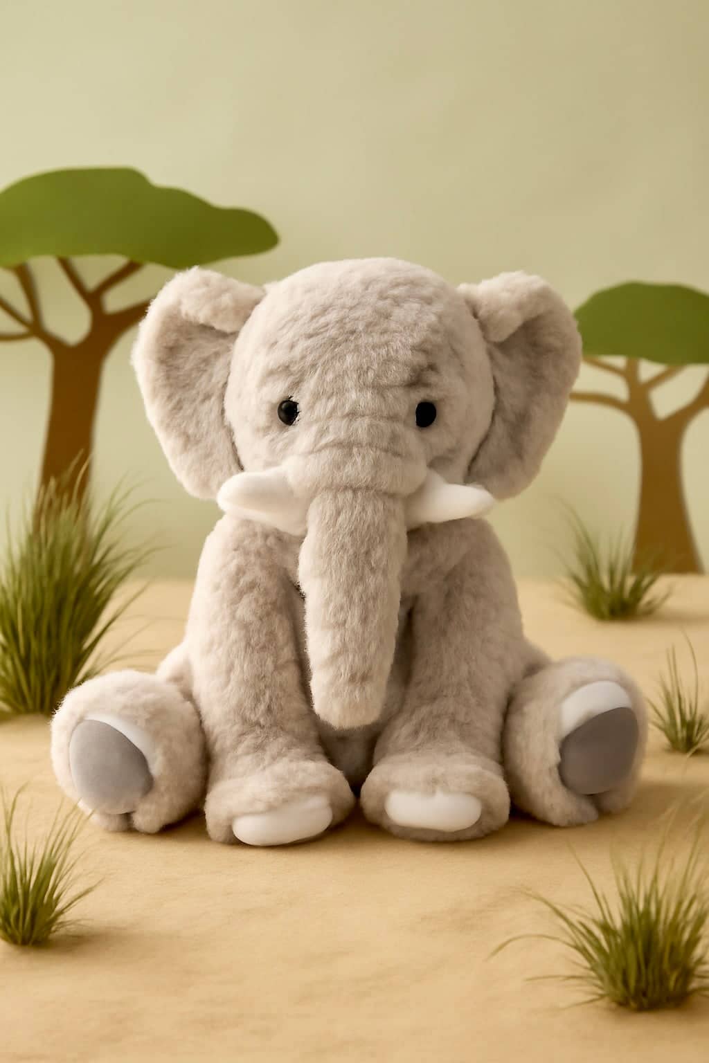 A soft, plush gray elephant with white tusks.