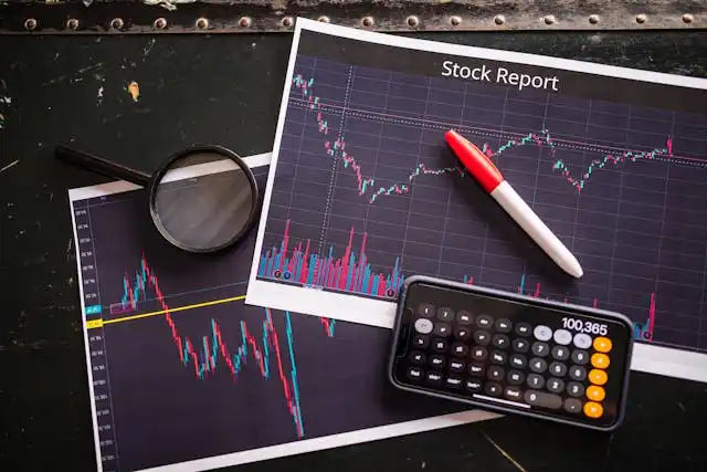 Stock market charts with trading graphs, a calculator, and a pen on a dark surface.