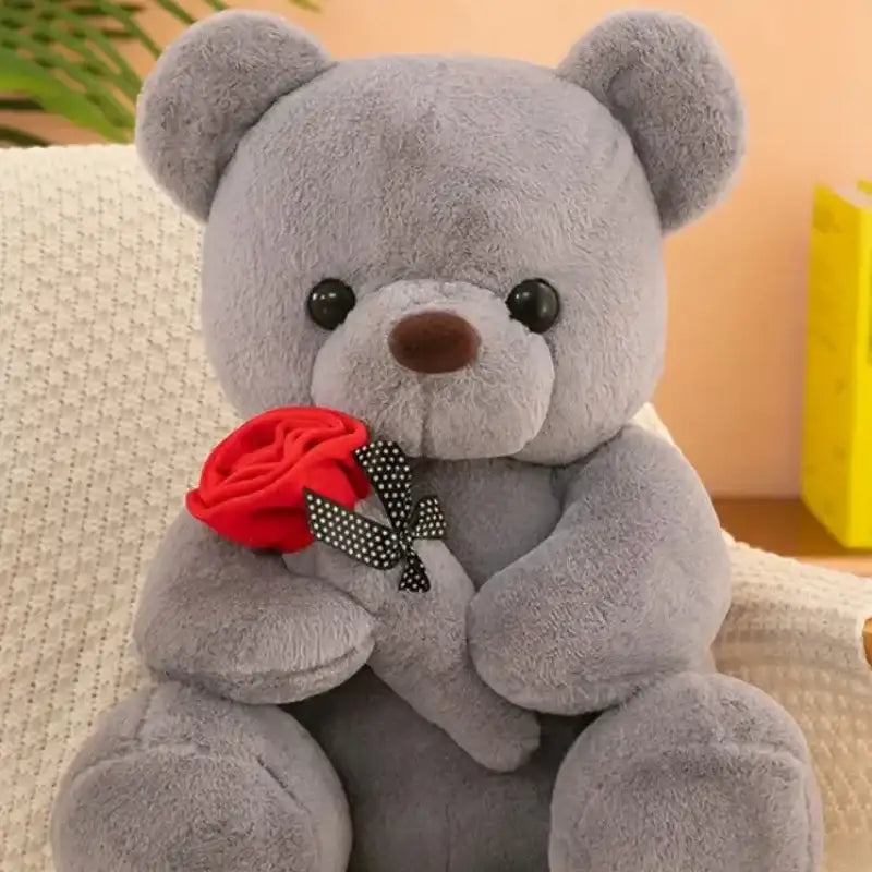 Stuffed Bear Holding a Rose - Grey