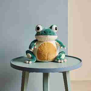 Stuffed green and white frog.