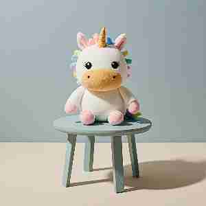 Stuffed unicorn toy with rainbow mane.