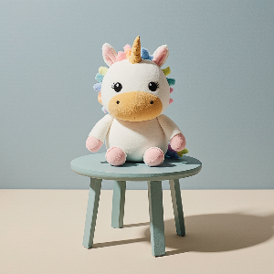 Stuffed unicorn toy with rainbow mane.