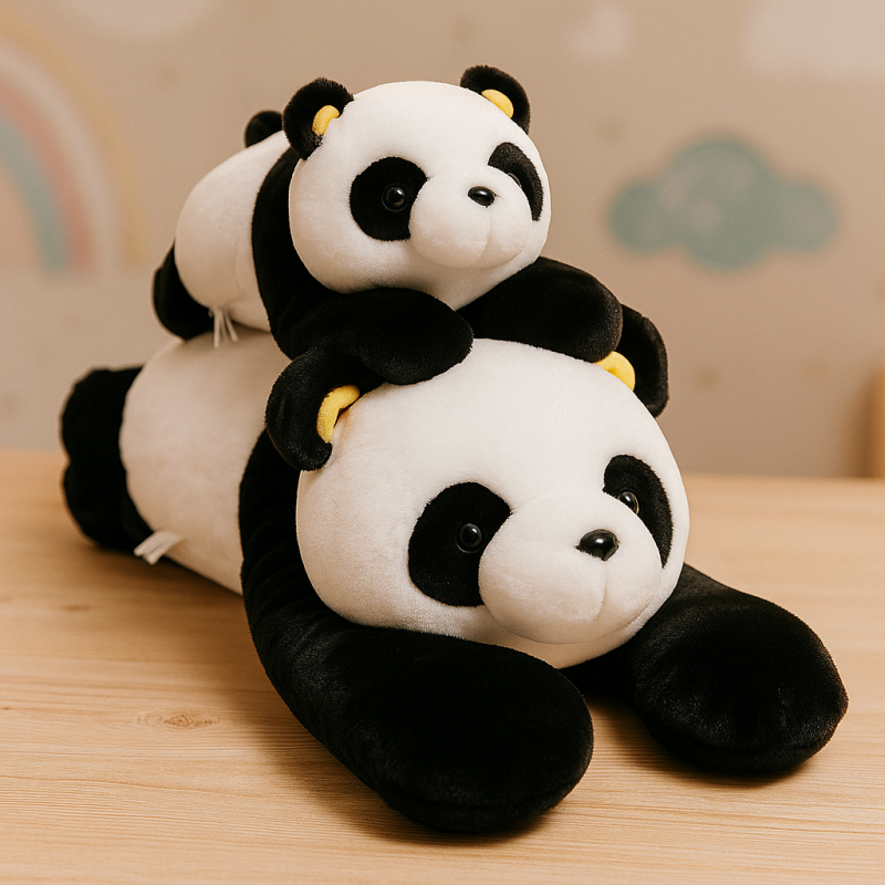 Two plush panda toys, one on top of the other, with yellow accents on their ears.