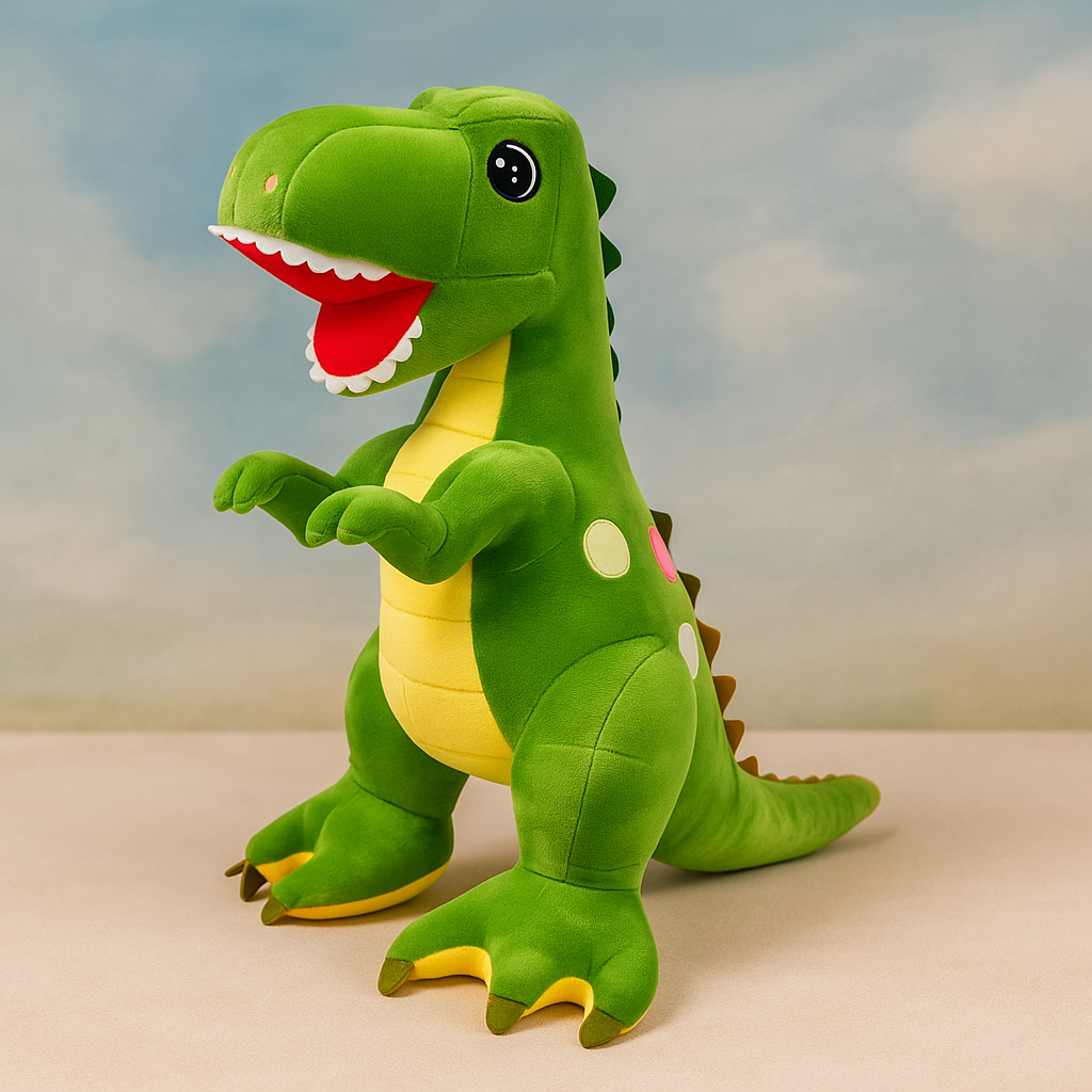 A vibrant green dinosaur plush toy with a yellow belly, white teeth, and pink and white polka dots.