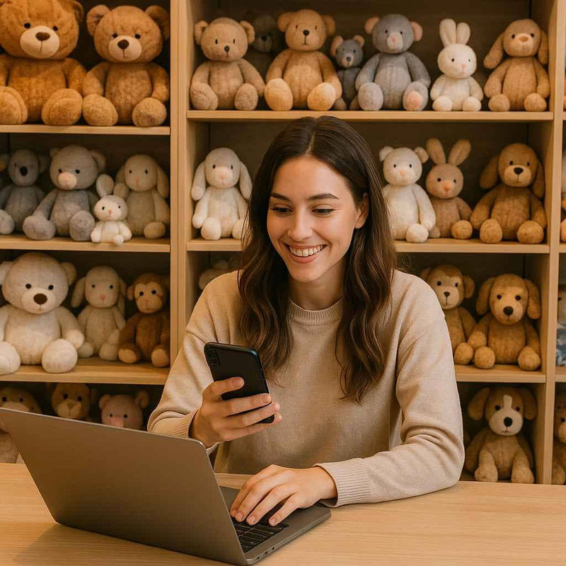 A woman in a beige sweater smiles while using her black smartphone, seated at a wooden desk with an open laptop.