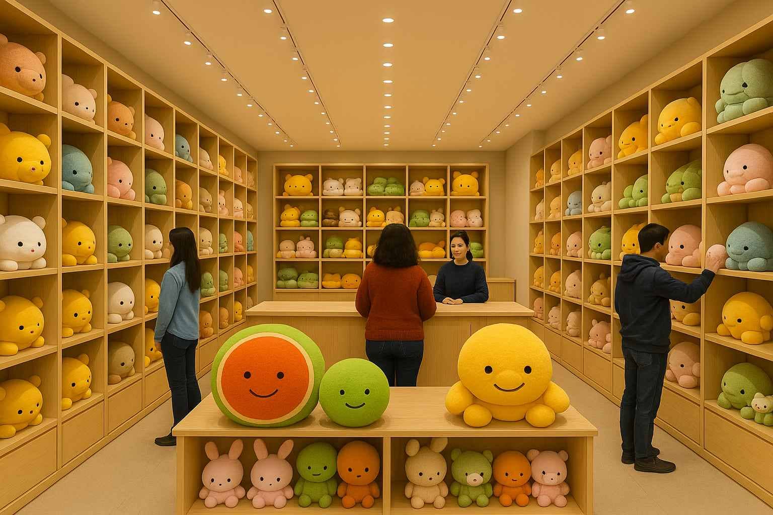Yellow plush octopus with smiling face and soft, rounded body displayed on a wooden counter.
